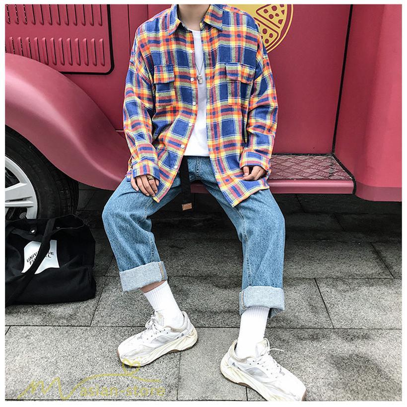 シャツ | ライトアウター 秋服 薄手 メンズ チェック柄 長袖 ポケット 韓国風 カッコウイイ 日常感 ワイドコットン 大きいサイズ トップス 大きいサイズ 男性着
