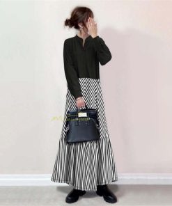 マキシ | ロングワンピース 秋冬ワンピース ストライプワンピース 切り替え フェイク レイヤード風 レディース スタンドカラー 秋冬服 30代40代50代 秋服春 秋服 秋物