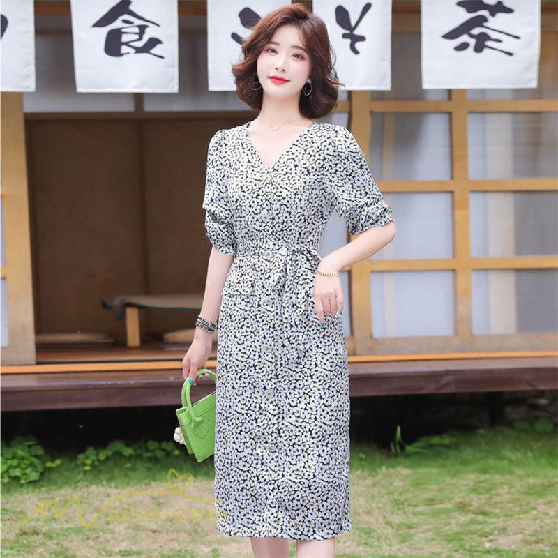 ミディアム | ワンピース レディース 着痩せ 花柄 Vネック 半袖 膝丈 サマーワンピース きれいめ エレガント 30代 40代 50代 大人 春 薄手 ひざ丈 お出かけ 上品 夏 デート