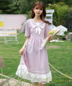 マキシ | ワンピース レディース 春夏 半袖 ハーフスリーブ ワンピース セーラーカラー ロング丈 マキシ丈 フレア お出かけ ビッグ裾幅 ゆったり ワンピース かわいい