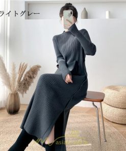ニットワンピース | レディース 冬 きれいめ ロング おしゃれ 秋冬 長袖 ハイネック サイドスリット セクシー 同窓会 デート 大人フェミニン 女子会 韓国風