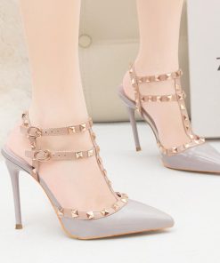 サンダル | ハイヒール キャバパンプス レディース パーティー アンクルストラップ結婚式靴 スタッズpumpsポインテッドトゥ サンダルパンプス