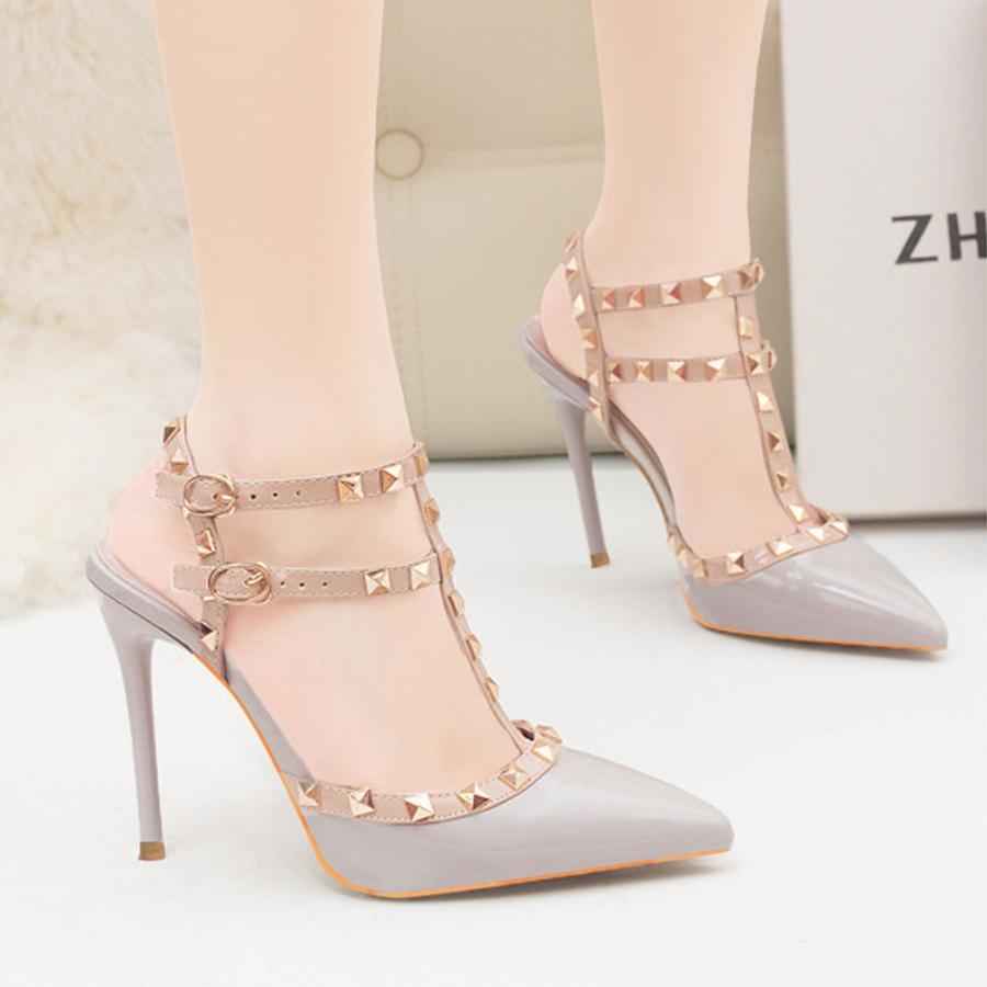 サンダル | ハイヒール キャバパンプス レディース パーティー アンクルストラップ結婚式靴 スタッズpumpsポインテッドトゥ サンダルパンプス