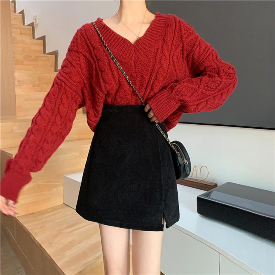 タイトスカート | ミニスリット入り Aラインスカート コーデュロイ ハイウエスト 台形美脚 スカート