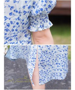 ミディアム | ワンピース サマーワンピース レディース 着痩せ Vネック スカイブルー 花柄 裾口スリット 膝丈 きれいめ おしゃれ 上品 半袖 お出かけ フレア 大人 薄手