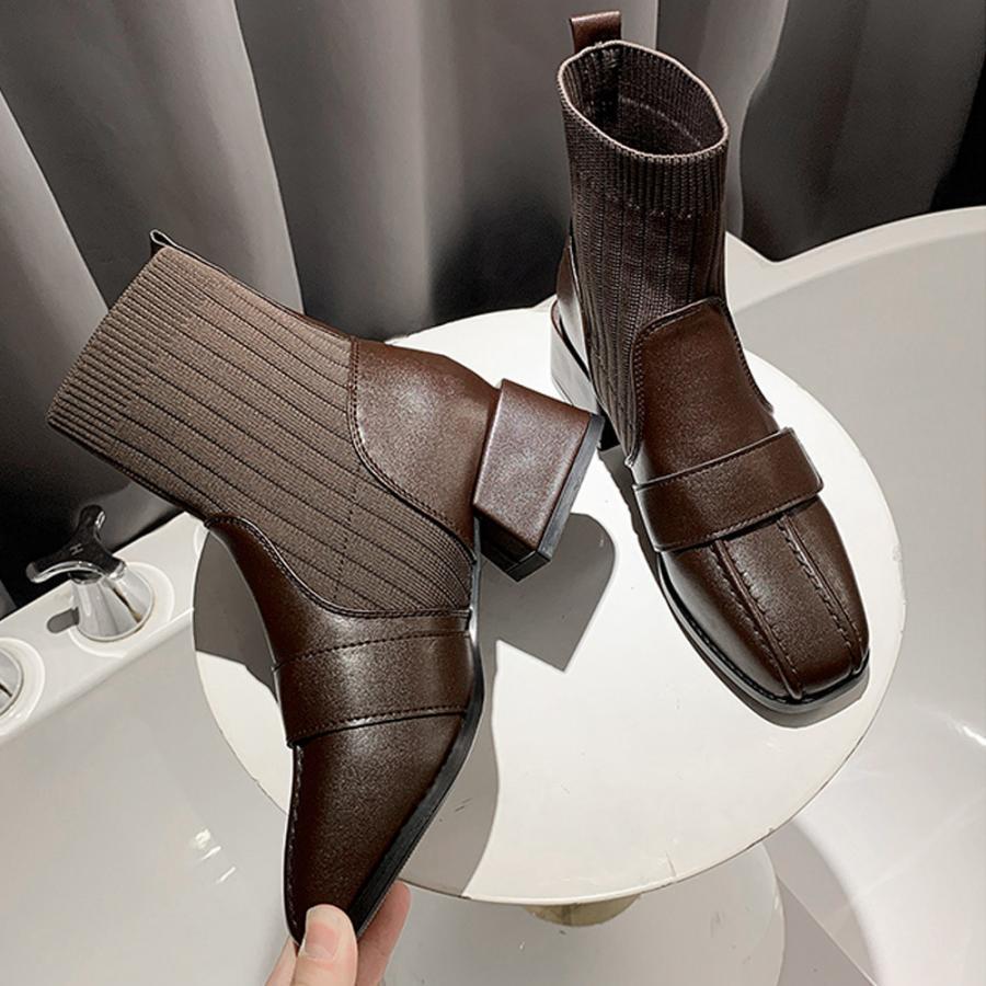 ショートブーツ | ソックス風ブーツ チャンキーヒール 痛くない 歩きやすい 美脚ブーツ ストレッチブーツ ハイカット レディース