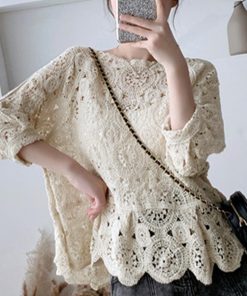 透かし編みトップス | レディース5分袖 トップス ブラウス プルオーバー シースルーカットソー 透け感 春夏 かぎ編み 透かし編み 花刺繍