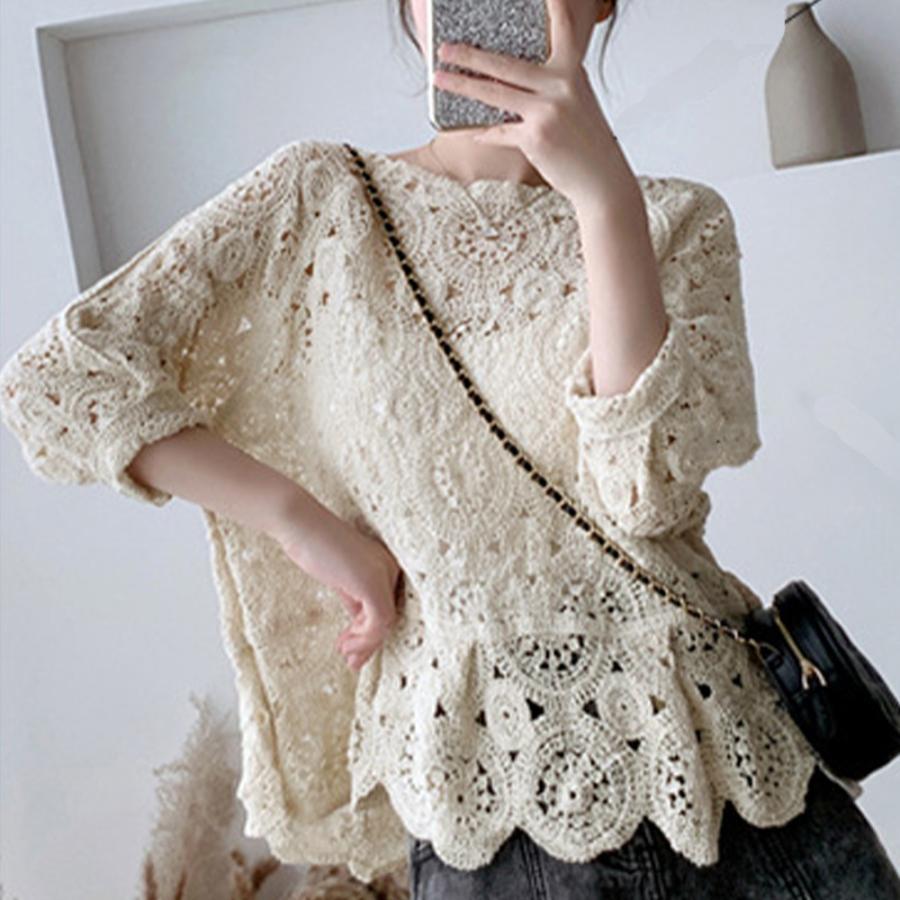 透かし編みトップス | レディース5分袖 トップス ブラウス プルオーバー シースルーカットソー 透け感 春夏 かぎ編み 透かし編み 花刺繍