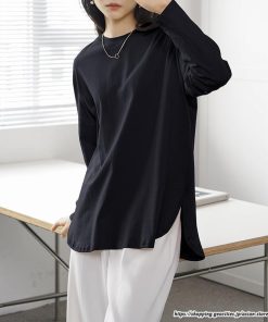 tシャツ・カットソー | Tシャツ Tシャツ コットン長袖オーバーサイズ裾ラウンドTシャツ レディース 綿Tシャツ 長袖Tシャツ クルーネック 秋物 ミドル丈 無地 丸首 長袖
