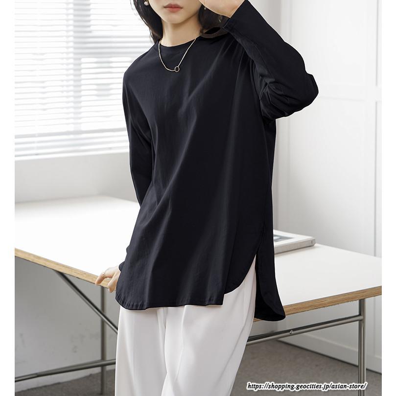 tシャツ・カットソー | Tシャツ Tシャツ コットン長袖オーバーサイズ裾ラウンドTシャツ レディース 綿Tシャツ 長袖Tシャツ クルーネック 秋物 ミドル丈 無地 丸首 長袖