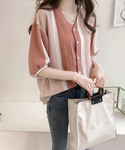 シャツ・ブラウス | ブラウス レディース 五分袖 薄手 ストライプシャツ トップス 羽織り 前開き 可愛い Vネック 40代 ブラウスシャツ 夏服 大人 20代30代