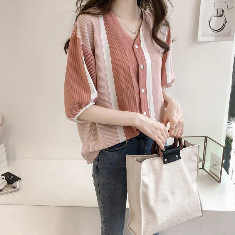 シャツ・ブラウス | ブラウス レディース 五分袖 薄手 ストライプシャツ トップス 羽織り 前開き 可愛い Vネック 40代 ブラウスシャツ 夏服 大人 20代30代