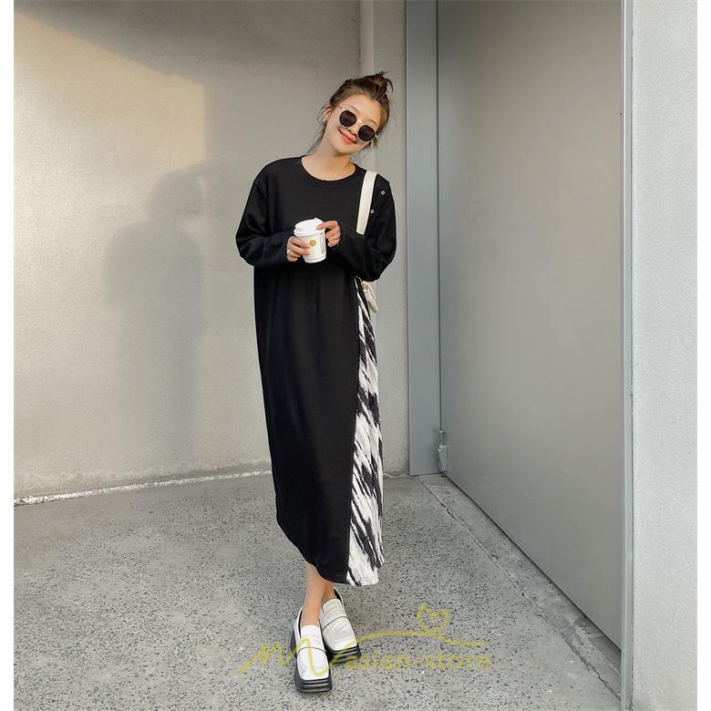 マキシ | ドッキングワンピース 秋 レディース 長袖ワンピース ロングワンピース 切り替えワンピース フェイク レイヤード風 お呼ばれワンピース ゆったり 大きいサイズ