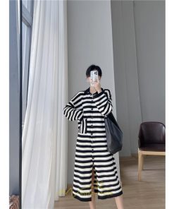 ニットワンピース | ワンピース 秋 秋服 レディース ニット ロングワンピース ロング 長袖 大きいサイズ ゆったり ボーダー柄 スリット お出かけ 部屋着 休日 韓国風 カジュアル