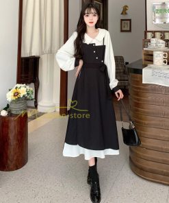 マキシ | ロングワンピース 秋物 レディース ミモレ丈 Aラインワンピース 黒白 フェイク レイヤード風 重ね着風 30代40代 シャツカラー お呼ばれワンピース 50代 着やせ