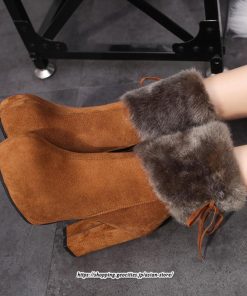 ブーツ | ショートレディース 10cmハイヒール ファー 冬用 保温防寒 太めヒール サイドジッパー あったか 痛くない オシャレ 冬靴 痛くない 歩きやすい