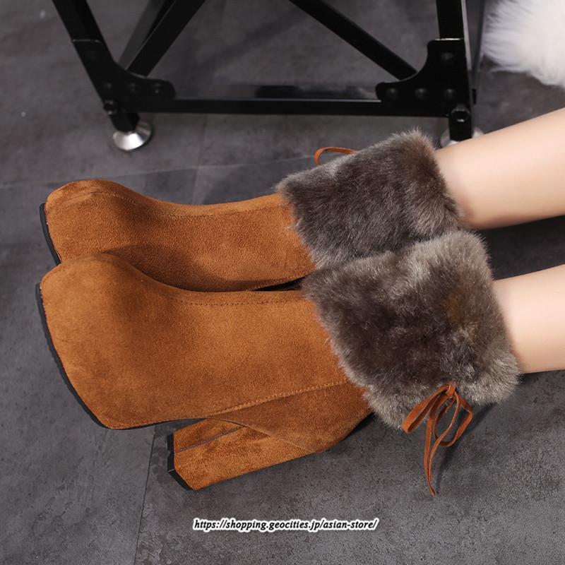 ブーツ | ショートレディース 10cmハイヒール ファー 冬用 保温防寒 太めヒール サイドジッパー あったか 痛くない オシャレ 冬靴 痛くない 歩きやすい