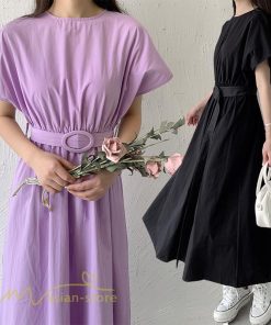 マキシ | 夏ワンピース ロングワンピース フレア 無地 半袖 ベルト付き Aラインワンピース レディース ワンピ 可愛い 体型カバー 大きいサイズ ゆったり カジュアル