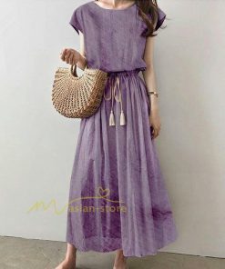 マキシ | ワンピース 半袖 夏ワンピース 20代30代 綿麻ワンピース ロングワンピース Aラインワンピース ウエストゴム リボン付き フレア 軽い 薄手 夏物 大人 40代50代