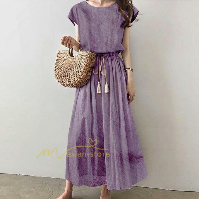 マキシ | ワンピース 半袖 夏ワンピース 20代30代 綿麻ワンピース ロングワンピース Aラインワンピース ウエストゴム リボン付き フレア 軽い 薄手 夏物 大人 40代50代
