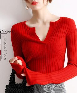 ニット・セーター | 大人可愛い ニットトップス きれいめ シンプル リブニット重ね着 長袖 カットソー Vネック オフィスカジュアル ニットセーター