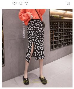 スカート | ロング 秋 冬 Aライン ロング丈 ハイウエスト ヒョウ柄 かっこいい セクシー  スリット ニット 韓国風 高見え デート おでかけ 2022新作 女子会 細見え