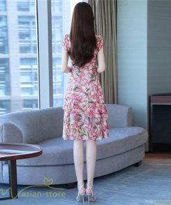 ミディアム | ワンピース レディース Vネック 半袖 花柄 おしゃれ Aライン ミディアムワンピース 着やせ エレガント 大きいサイズ 上品 膝丈 20代 30代 大人 40代