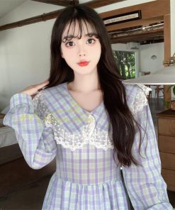 マキシ | チェック柄ワンピース 秋 レディース Aラインワンピース 長袖ワンピ キャザー 切り替え レース かわいい 大人 お呼ばれ 腰美ライン 通学通勤 30代 着痩せ