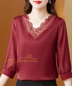 tシャツ・カットソー | Tシャツ レディース 7分袖 七分袖 カジュアル Vネック おしゃれ 女性用 シンプル 無地 ブラック 着痩せ レース付き シフォンシャツ 母の日 20代30代40代50代