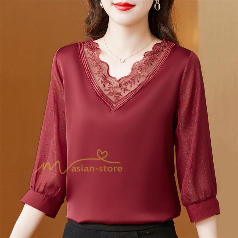 tシャツ・カットソー | Tシャツ レディース 7分袖 七分袖 カジュアル Vネック おしゃれ 女性用 シンプル 無地 ブラック 着痩せ レース付き シフォンシャツ 母の日 20代30代40代50代