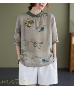 ｔシャツ・カットソー | Tシャツ Tシャツ プリント カジュアル 麻綿 リネン シャツ トップス サマーシャツ 襟付き カジュアル 大きいサイズ 夏コーデ 5分袖 麻綿 トレンド レディース