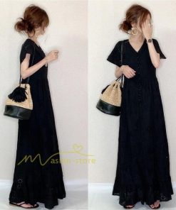 マキシ | 夏ワンピース 半袖 ロングワンピース Aライン 花刺繍 Vネック サマー ゆったり 夏コーデ 体型カバー 20代30代 黒 白 大人 40代 ママ OL シンプル フォーマル