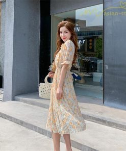 ミディアム | ワンピース プリーツフレア フェミニン Aライン リボンデザイン 小花柄 リゾートワンピ ウエストゴム ハイウエスト 2020新制作 ピンタック 夏コーデ 薄手