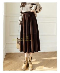 スカート | ロングミモレ丈 Aラインフレアビロードウエストゴム ハイウエスト 秋冬 無地 ゆったり 大人 通学通勤 エレガント