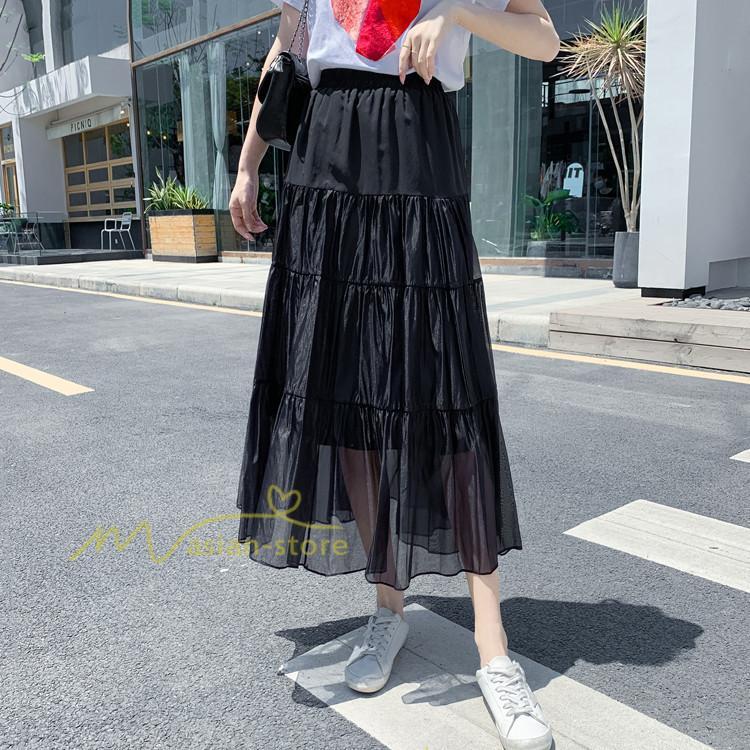 スカート | レディース チュール春夏 コーデ ウエストゴム ロングフレア着痩せ 通勤 カジュアル ドッキング プリーツ通学