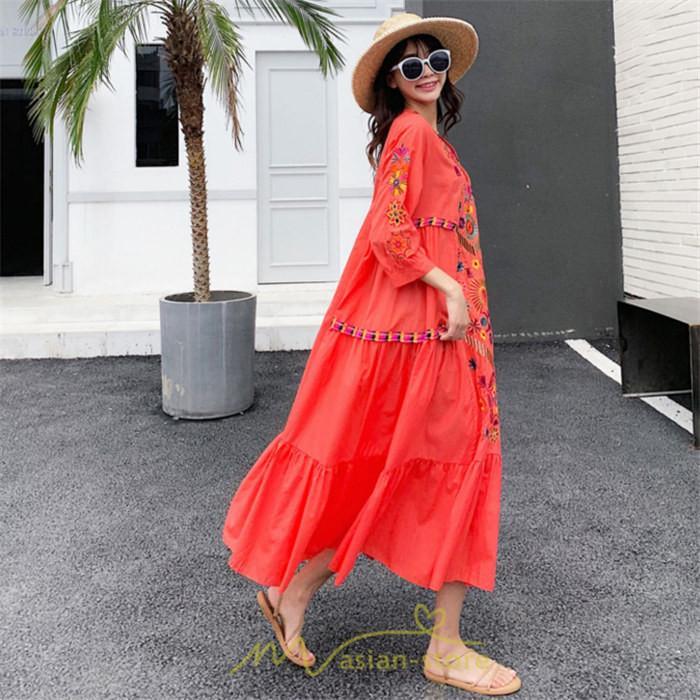 マキシ | ワンピ ワンピース ロング丈 七分袖 レディース 大人 おしゃれ きれいめ お出かけ 大人可愛い 白 青 赤 春夏秋 旅行 20代30代40代 民族風 オレンジ 海