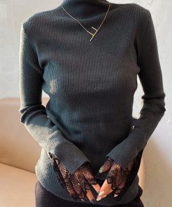 ニット・セーター | フェミニン 秋 スリムフィット 長袖 リブニットトップス レディース 袖レース 冬 細見 ニットセーター ハイネック ニットソー