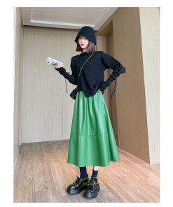 スカート | Pu秋冬 合皮ロングウエストゴム Aラインゆったり 体型カバー ハイウエスト 大人 無地 通学通勤 フレア 広い幅 可愛い