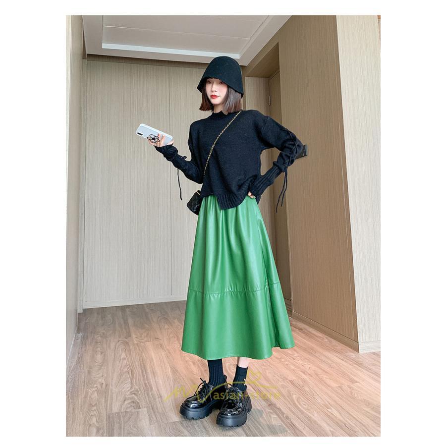 スカート | Pu秋冬 合皮ロングウエストゴム Aラインゆったり 体型カバー ハイウエスト 大人 無地 通学通勤 フレア 広い幅 可愛い