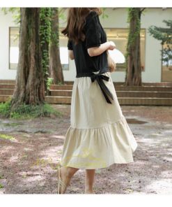 マキシ | 新作 ワンピース ロング丈 半袖 ロンTワンピース 夏ワンピ ロング丈 レイヤード風 異素材切替 ラウンドネック 体型カバー 無地 ゆったり 着痩せ 40代 50代 30代