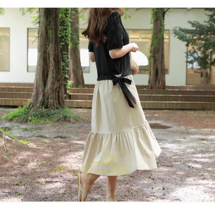 マキシ | 新作 ワンピース ロング丈 半袖 ロンTワンピース 夏ワンピ ロング丈 レイヤード風 異素材切替 ラウンドネック 体型カバー 無地 ゆったり 着痩せ 40代 50代 30代