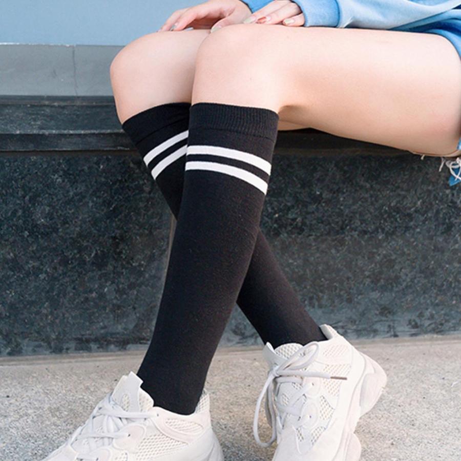 ストール | レディース 2本ライン 通学 ボーダー 靴下 無地 ロングソックス 靴下 綿 ハイソックス