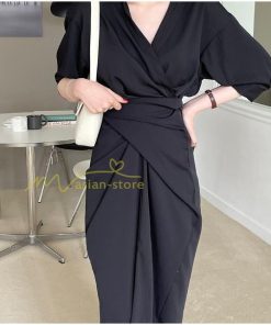 マキシ | ロングワンピース 夏ワンピース 薄手 黒ワンピース スリム 30代40代 大人 無地 シャツワンピース 七分袖 オフィス 涼感 セクシー Vネック フェミニン