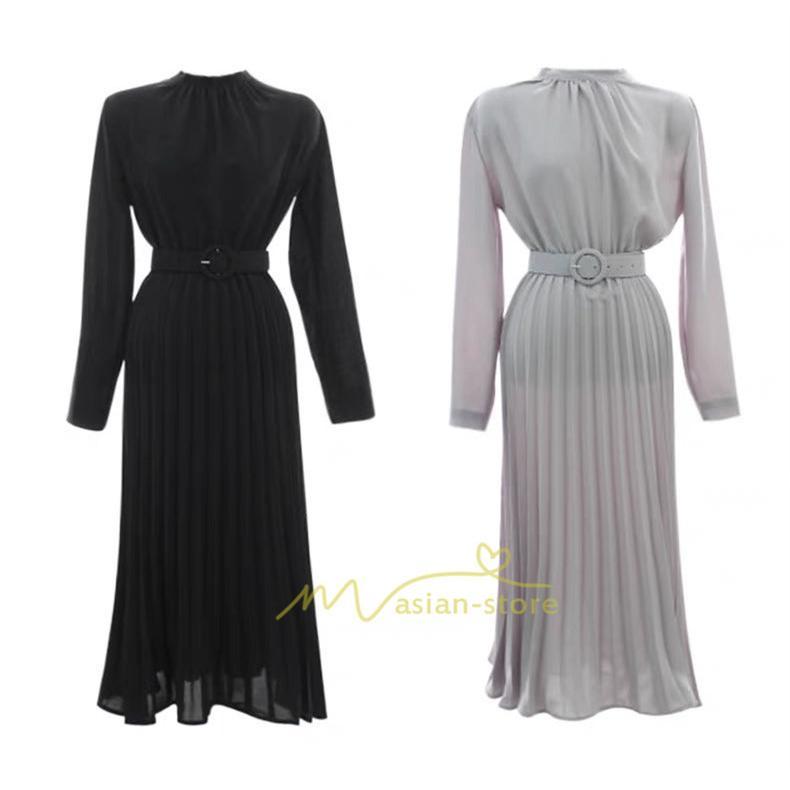 マキシ | ワンピース レデイース ロング丈 長袖 プリーツ ベルト付き 春夏 おしゃれ きれいめ 通勤 二次会 大人 20代 着痩せ 秋新作 30代 40代 エレガント カジュアル