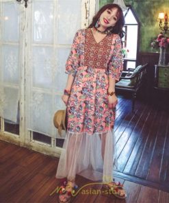 マキシ | 夏秋ワンピース チュール レディース マキシワンピース ロングワンピース パーティー 二次会 痩せて見える 七分袖 Vネック ピンク ハイウエスト 鎖骨 黒