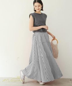 スカート | ロング夏新作 フレア切り替え チェック柄 20代30代 大人 40代50代 可愛い 60代 ゆったり 広い裾 ウエストゴム 6色 春 ダンス舞台 綿 春夏 秋