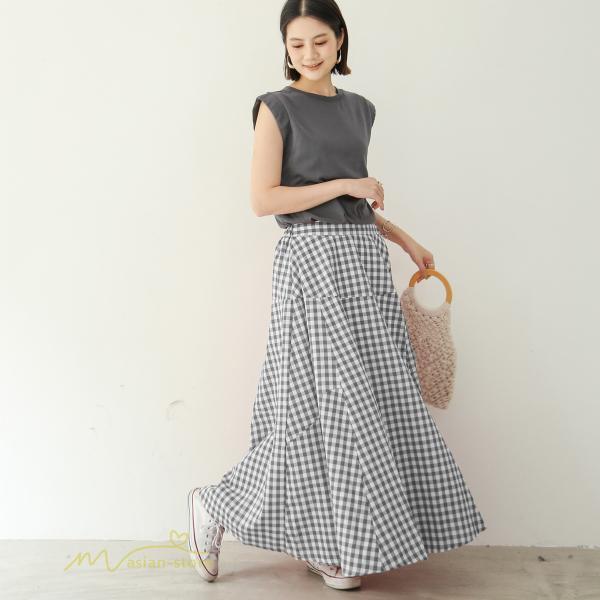スカート | ロング夏新作 フレア切り替え チェック柄 20代30代 大人 40代50代 可愛い 60代 ゆったり 広い裾 ウエストゴム 6色 春 ダンス舞台 綿 春夏 秋