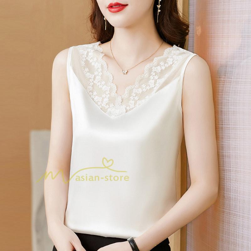 キャミソール タンクトップ | トップス タンクトップ レディース ノースリーブ Vネック Vネックタンク 20代30代40代50代 ママ 母 インナー カジュアル お出かけ カシュクール レース付き