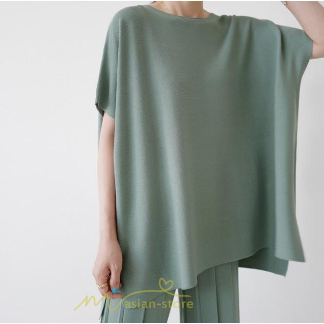 送料無料SALE | セットアップ ニット トップス パンツ ストレッチ 涼感 夏ニット 半袖 九分丈 ウエストゴム レディース 2点セット ゆったり Vネック 無地 30代40代 上品