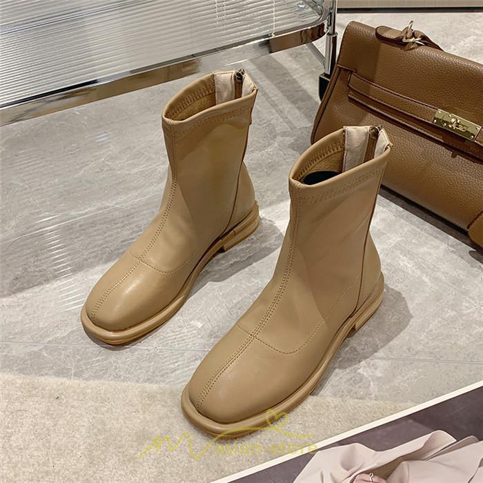 ショートブーツ | ブーツ レディース グランドトゥ 痛くない 歩きやすい 疲れない 滑りにくい 履きやすい ブラック オフホワイト カーキ ブラウン 22.5cm-25cm 黒